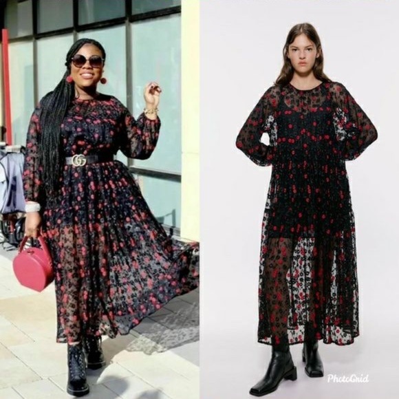 NEW Zara Oversized Floral Embroidered Sheer Dress Black Red Bloggers Favorite - Picture 7 of 13